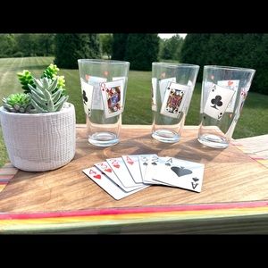 Set of three vintage tumbler high ball glasses with playing cards graphics